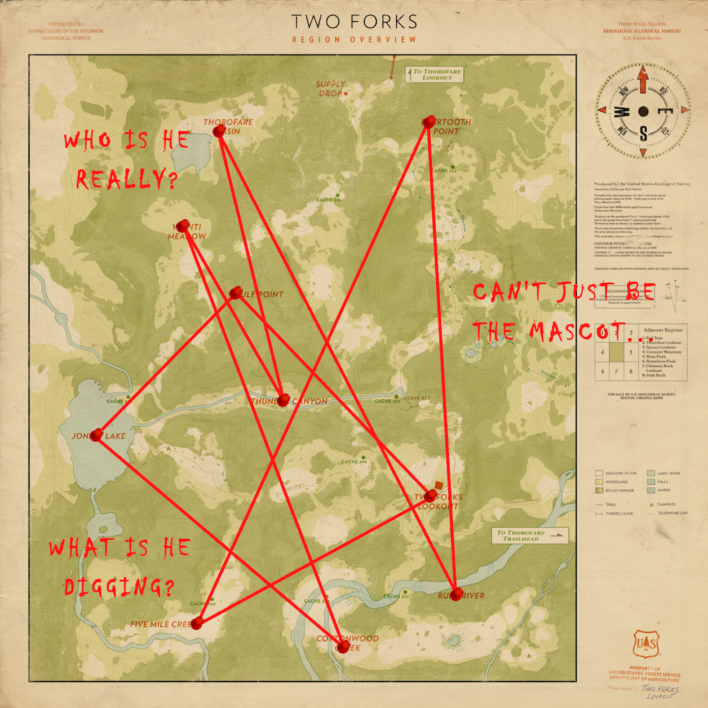 A scribbled-on map from the game 'Firewatch'